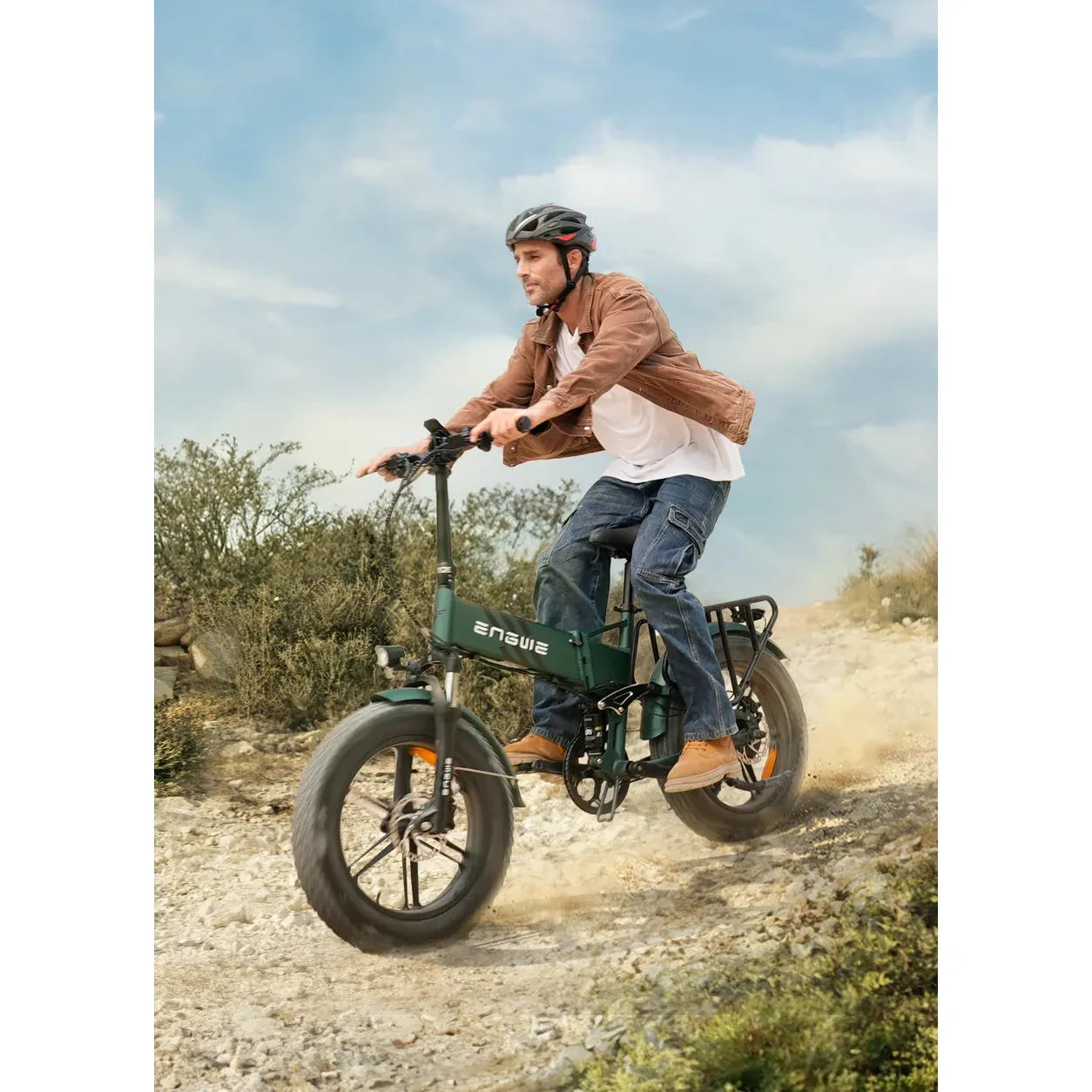 ENGWE 2.0 Folding Fat Tyre Electric Bike Green with rider